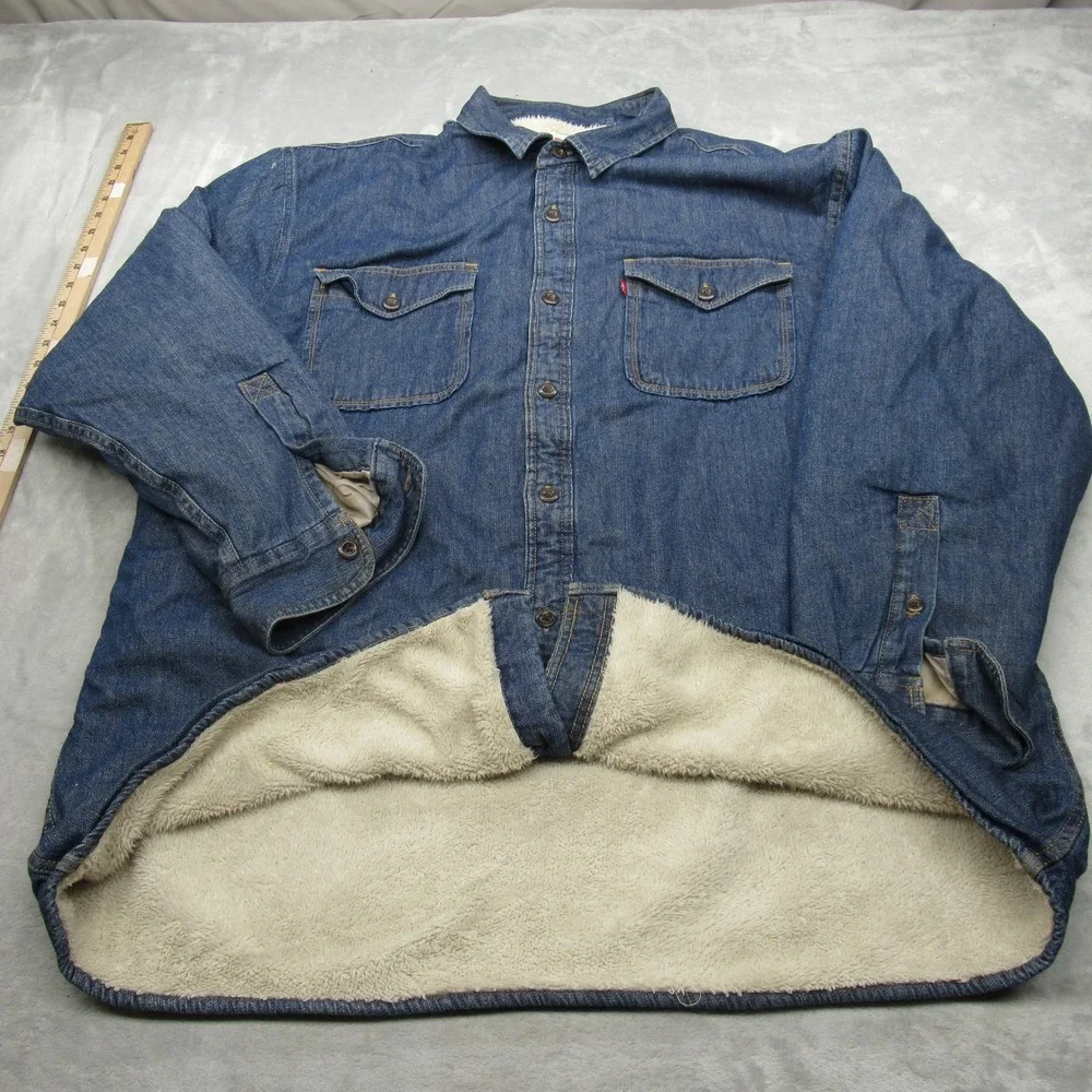 Levis  Shirt Jacket Mens XXL Blue Pockets Chambray Sherpa Fleece Lined Button Up - Picture 2 of 13